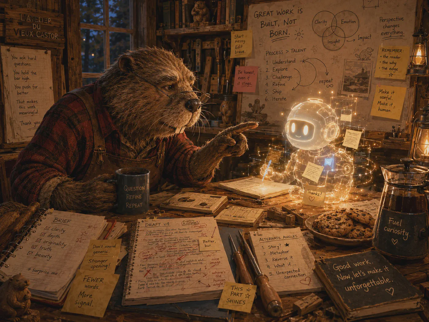 Le Vieux Castor et son assistant IA travaillent ensemble dans un atelier en bois, entourés de carnets, d’outils, de café et de cookies.